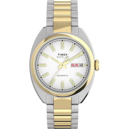 Timex watch with two-tone gold and silver band on white background