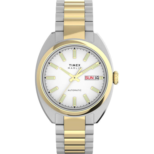 Timex watch with two-tone gold and silver band on white background