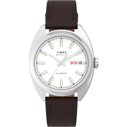 Timex watch with brown leather strap on a white background