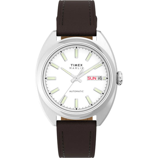 Timex watch with brown leather strap on a white background