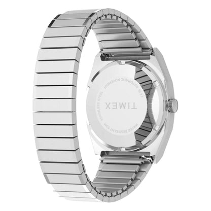 Silver watch with a detailed band on a white background