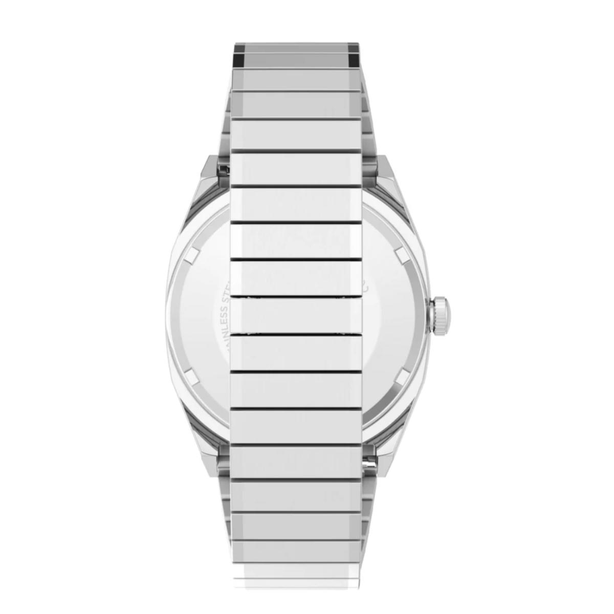 Silver watch with a metallic band on a white background