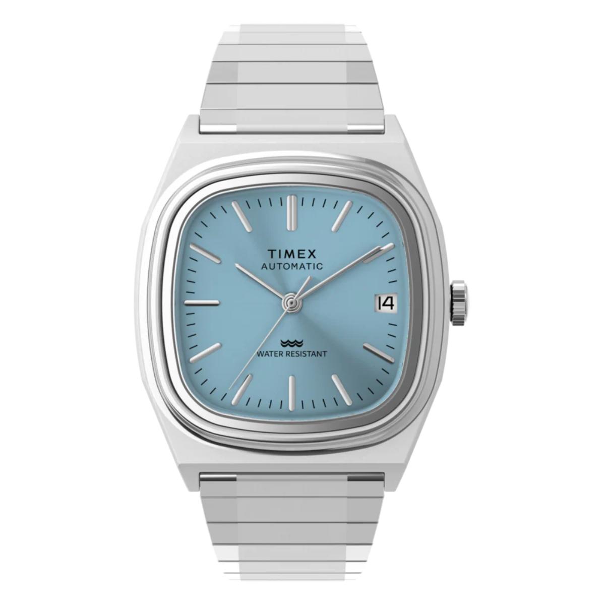 Timex watch with silver band and blue face on a white background