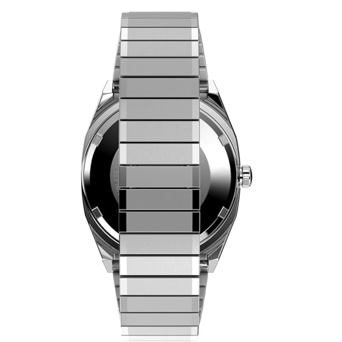 Silver smartwatch with a metallic band on a white background