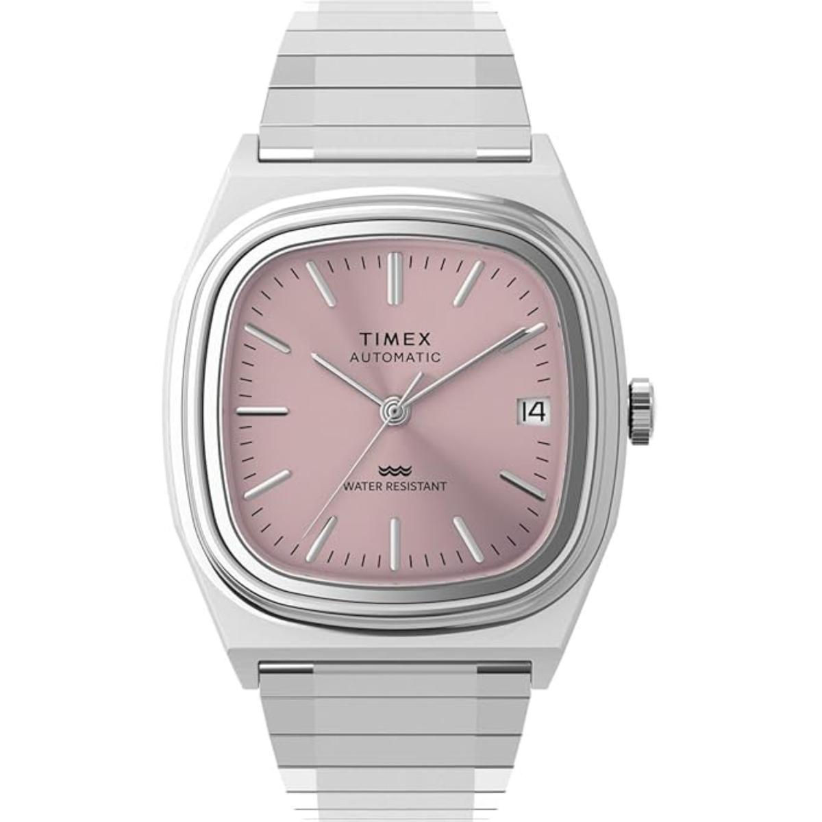 Timex watch with pink face and silver band on white background