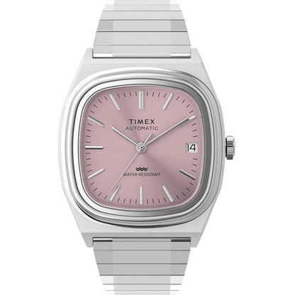 Timex watch with pink face and silver band on white background