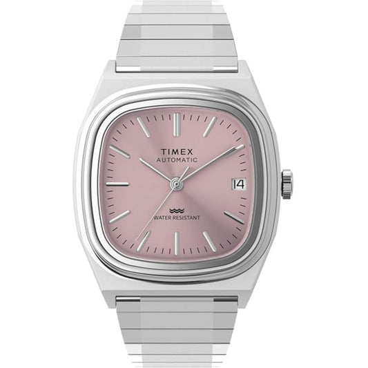 Timex watch with pink face and silver band on white background
