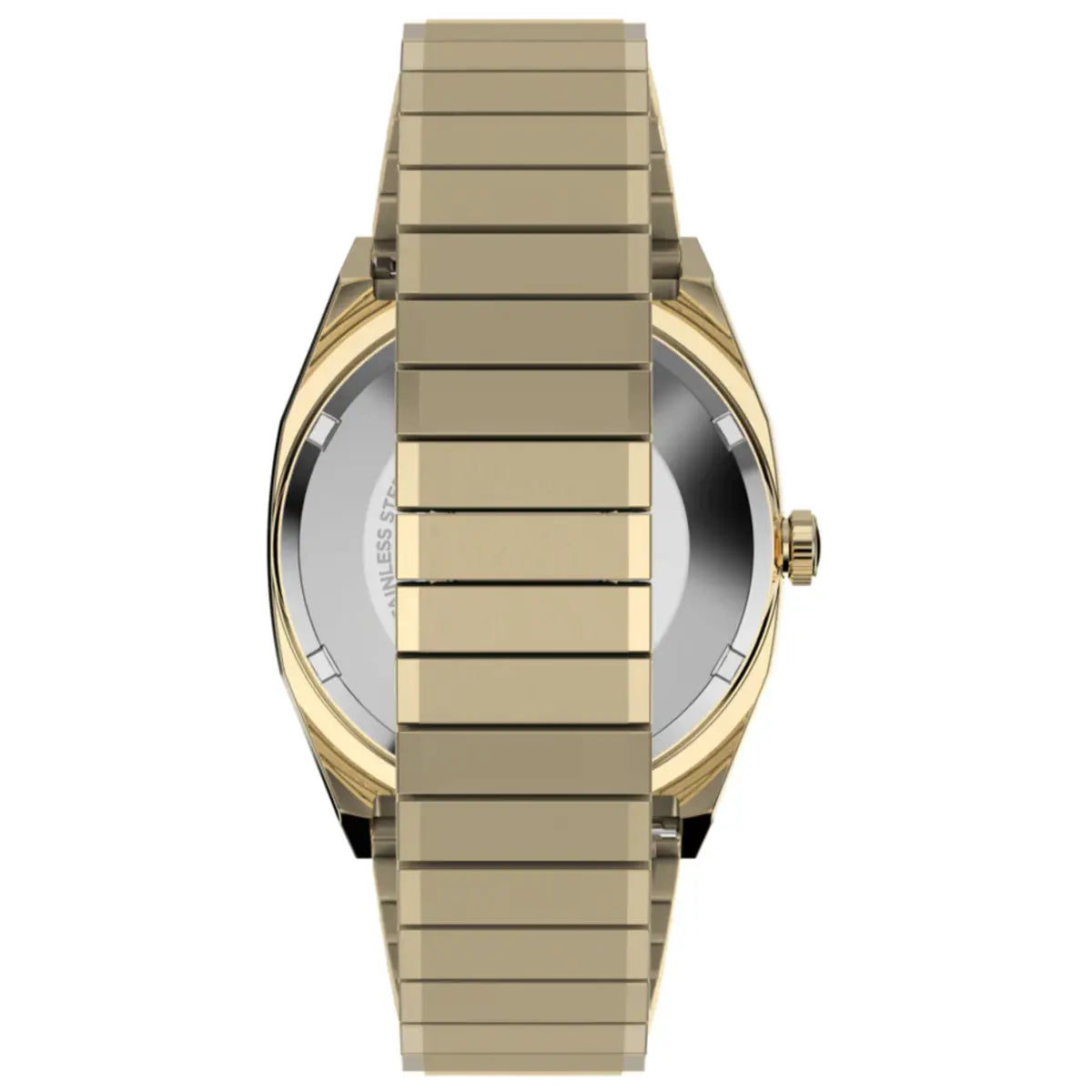Gold watch with a metallic band on a white background