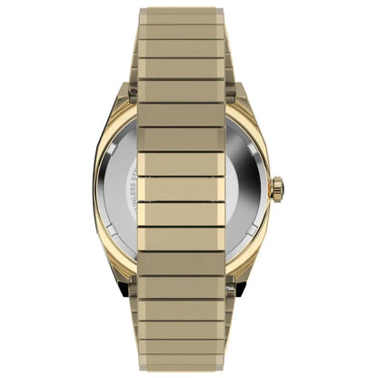 Gold watch with a metallic band on a white background