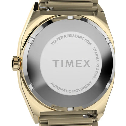 Timex watch back with gold casing and silver band on a white background