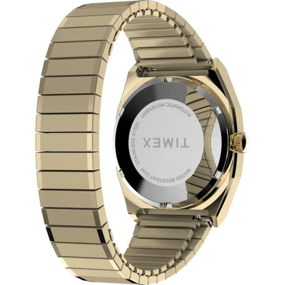 Gold watch with a visible brand name on a white background