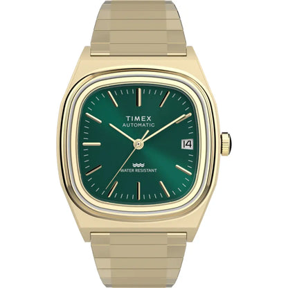 Gold Timex watch with a green face on a white background