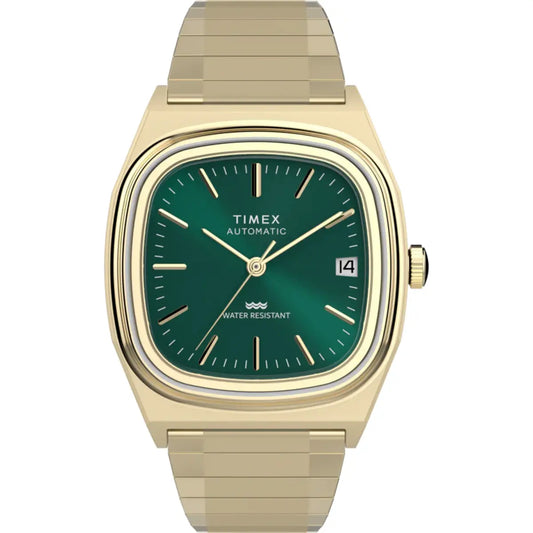 Gold Timex watch with a green face on a white background