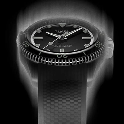Black Timex watch with a detailed face and textured strap on a dark background