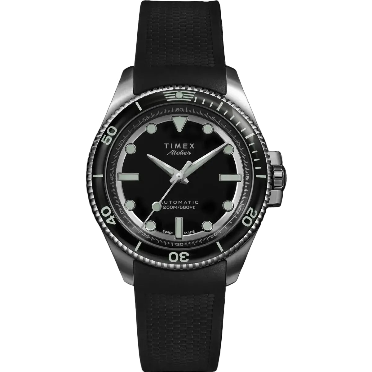 Timex watch with black strap and black dial on a white background