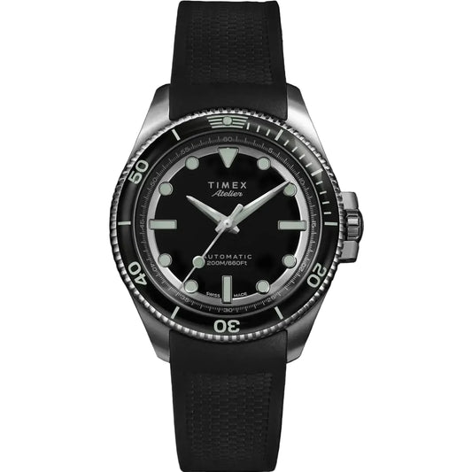 Timex watch with black strap and black dial on a white background