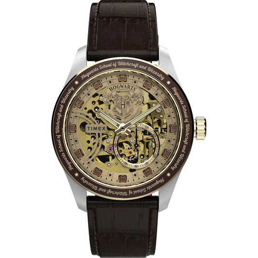 Timex watch with a detailed face and brown leather strap on a white background