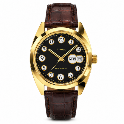 A Timex wristwatch with a polished gold-tone case, a black dial with gold-tone hands and white numerals, and a dark brown textured leather strap, shown against a plain white background.