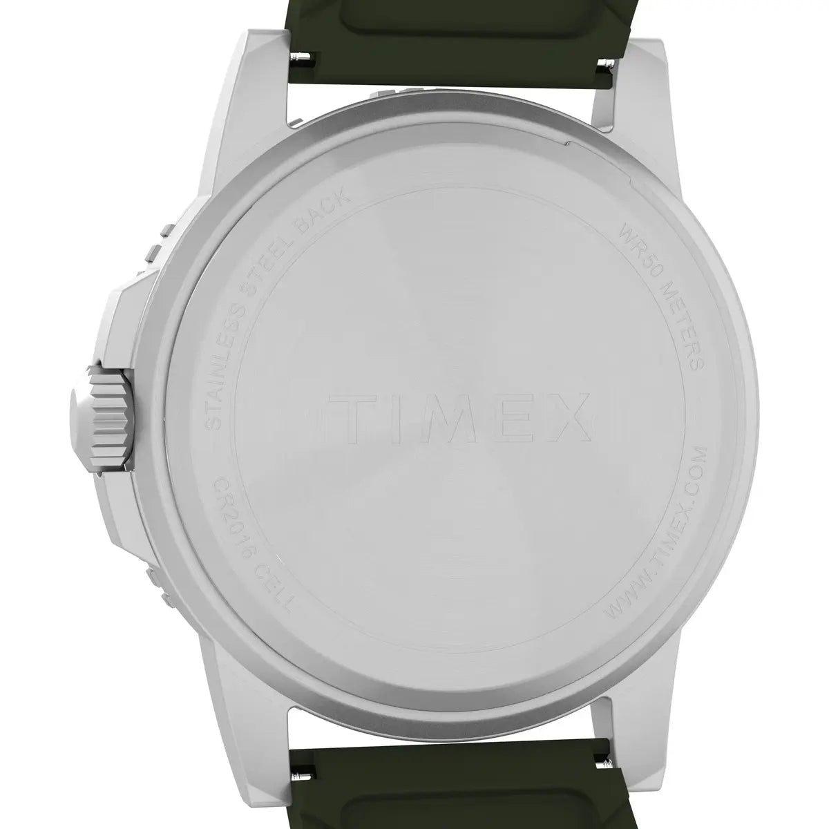 Watch with a green strap and silver case on a white background