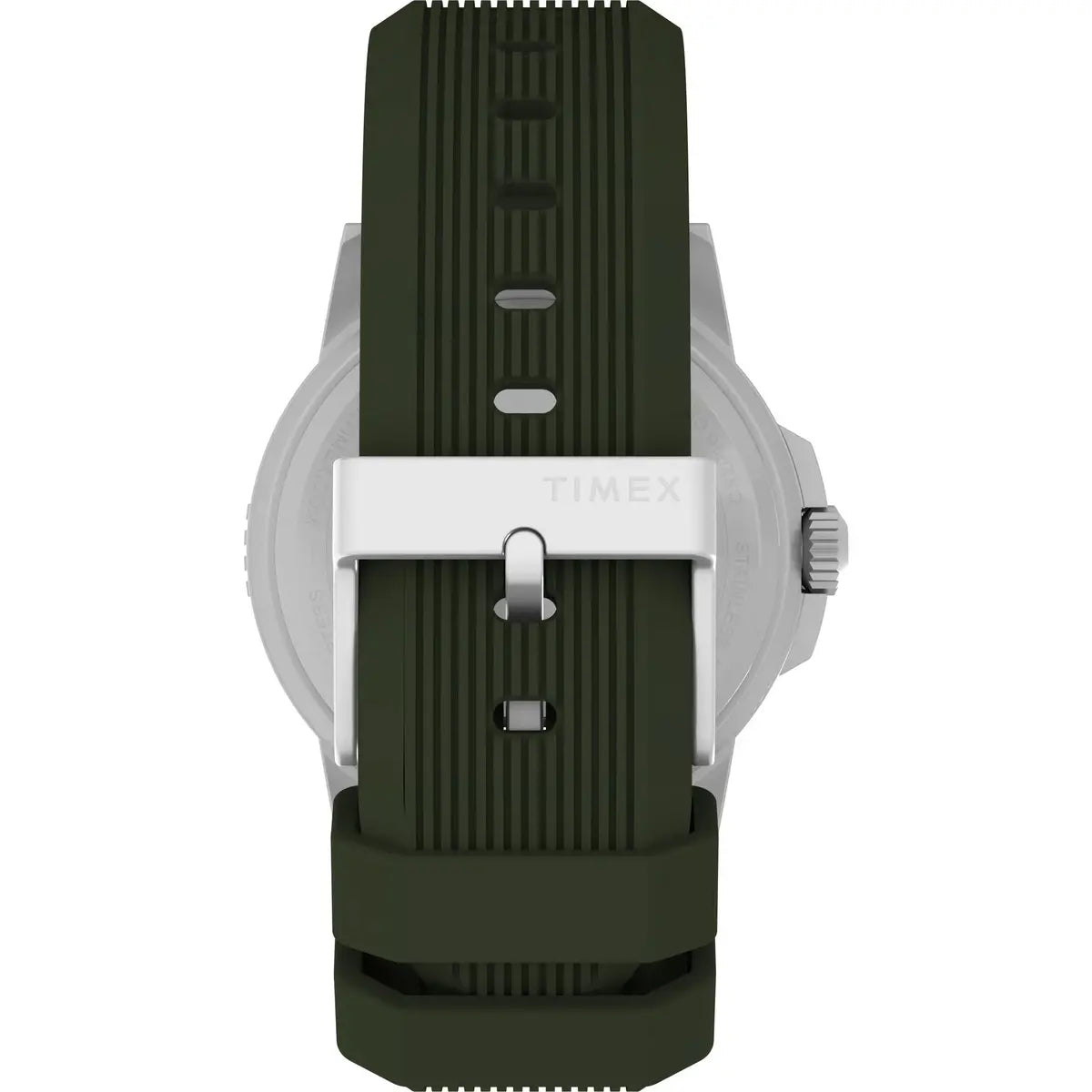 Watch with green strap and silver case on a white background