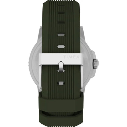Watch with green strap and silver case on a white background