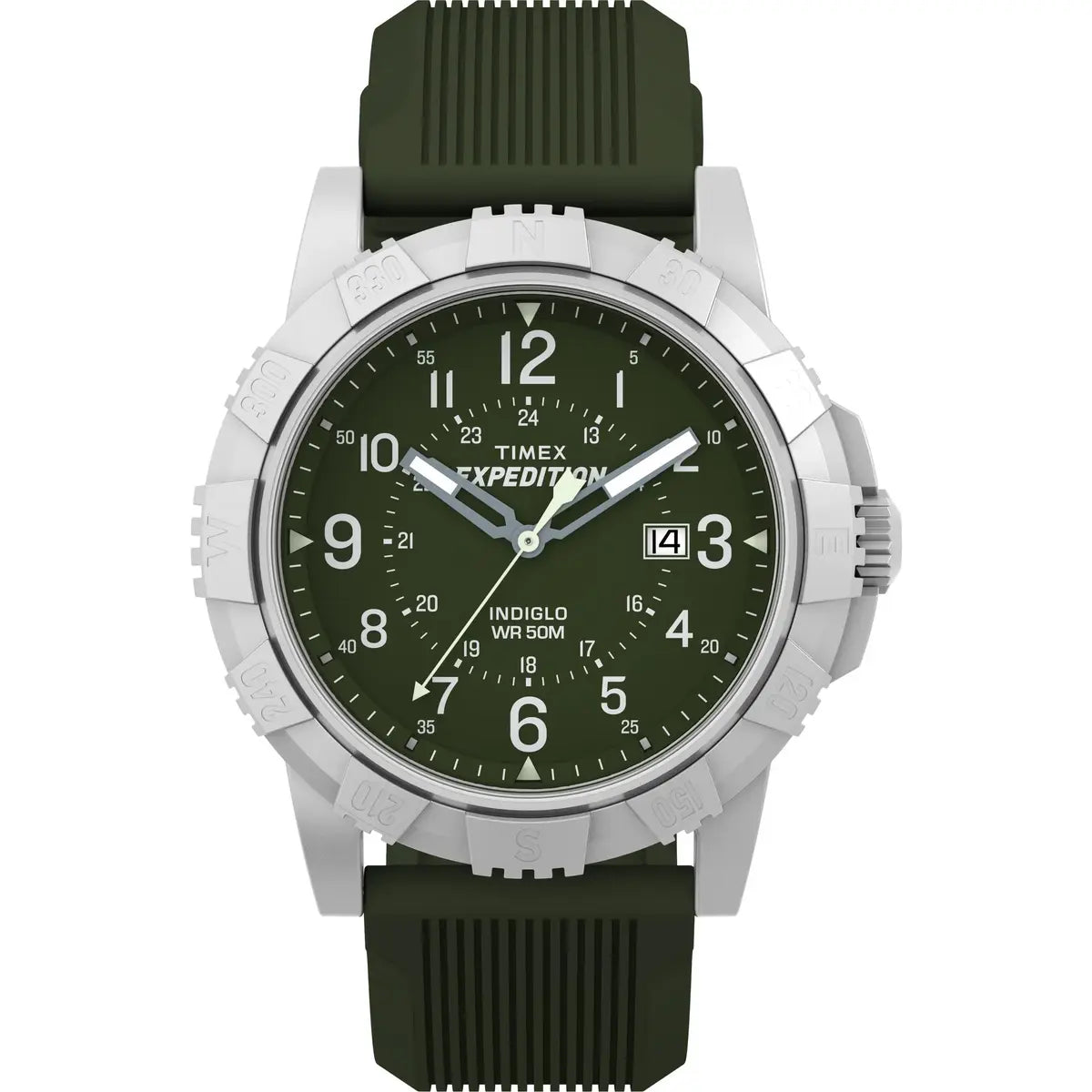 Timex Expedition watch with green strap and face on a white background