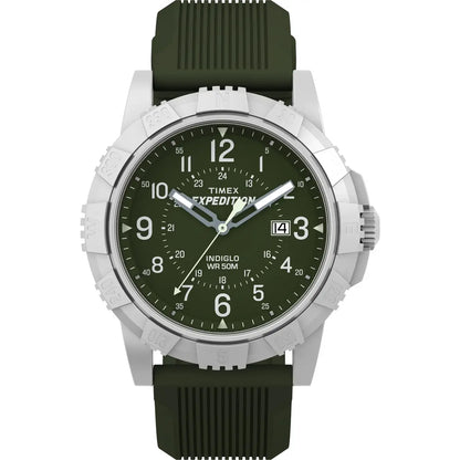 Timex Expedition watch with green strap and face on a white background