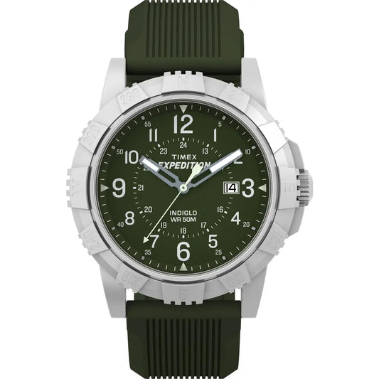 Timex Expedition watch with green strap and face on a white background