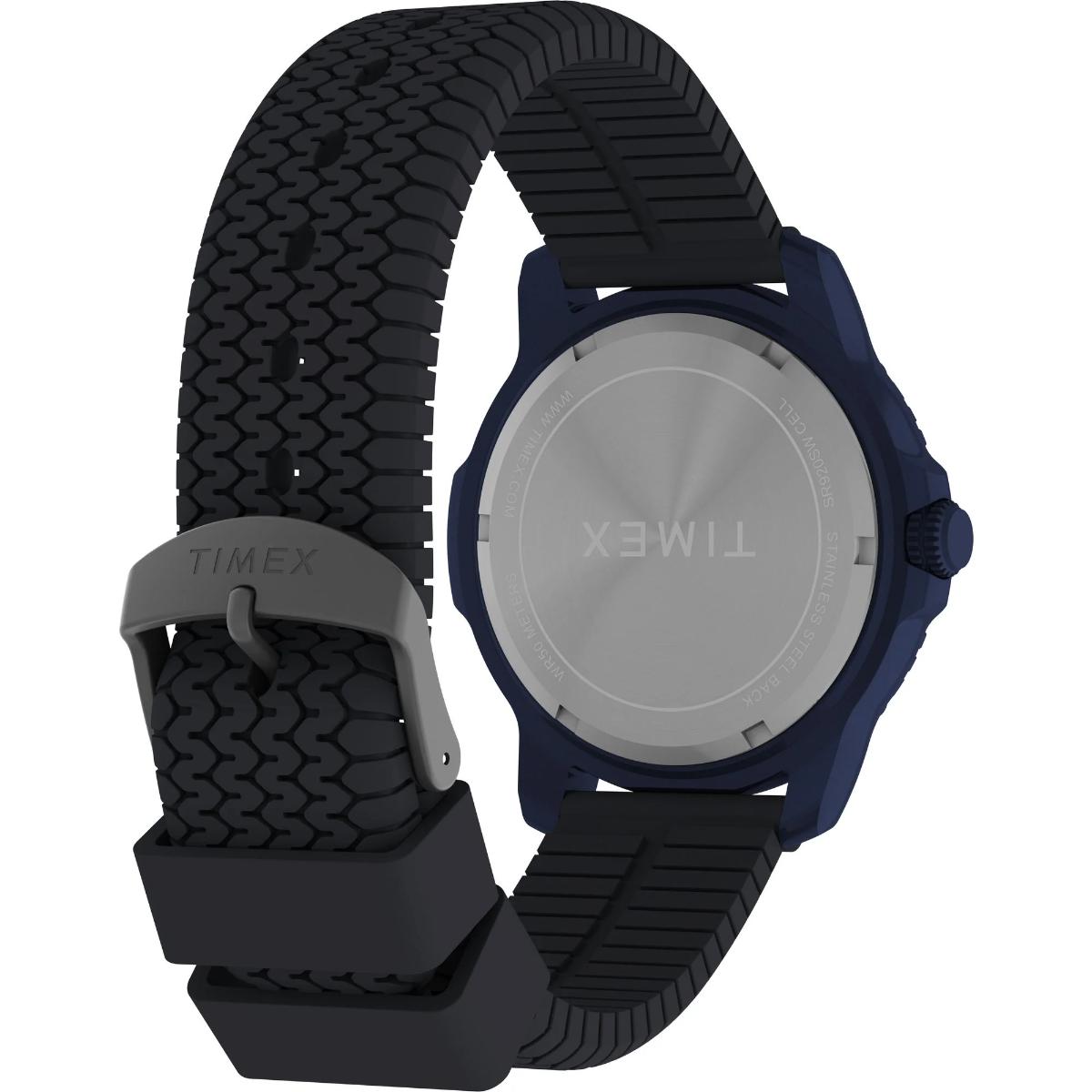 Timex watch with black textured strap on a white background