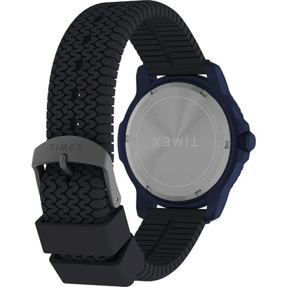 Timex watch with black textured strap on a white background