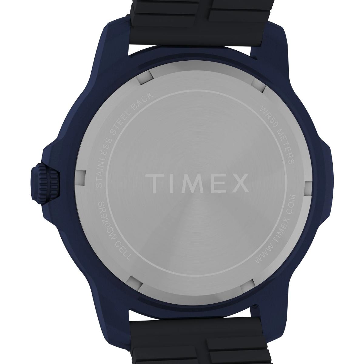 Back view of a Timex watch with blue case and black strap on a white background