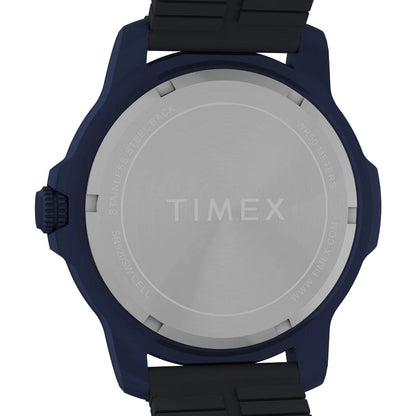 Back view of a Timex watch with blue case and black strap on a white background