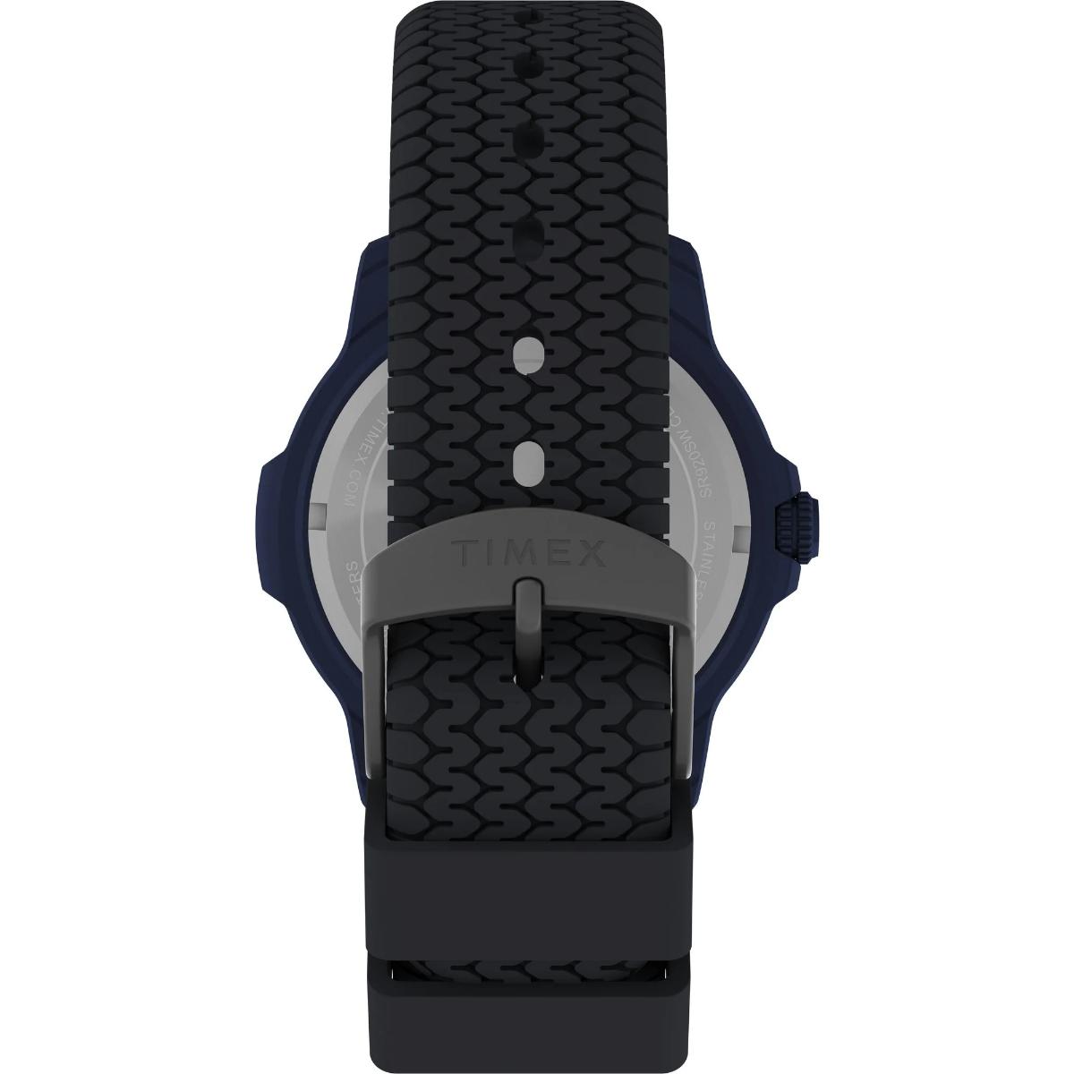 Timex watch with black textured strap on a white background