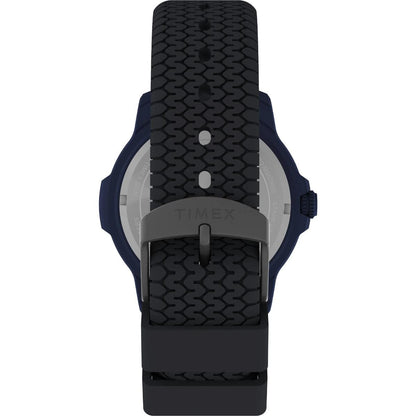 Timex watch with black textured strap on a white background