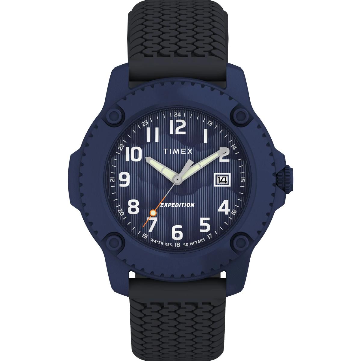 Blue Timex watch with black strap on a white background