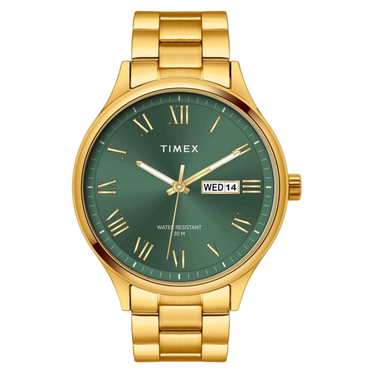 A Timex men's watch with a green dial and gold-colored metal band and case.