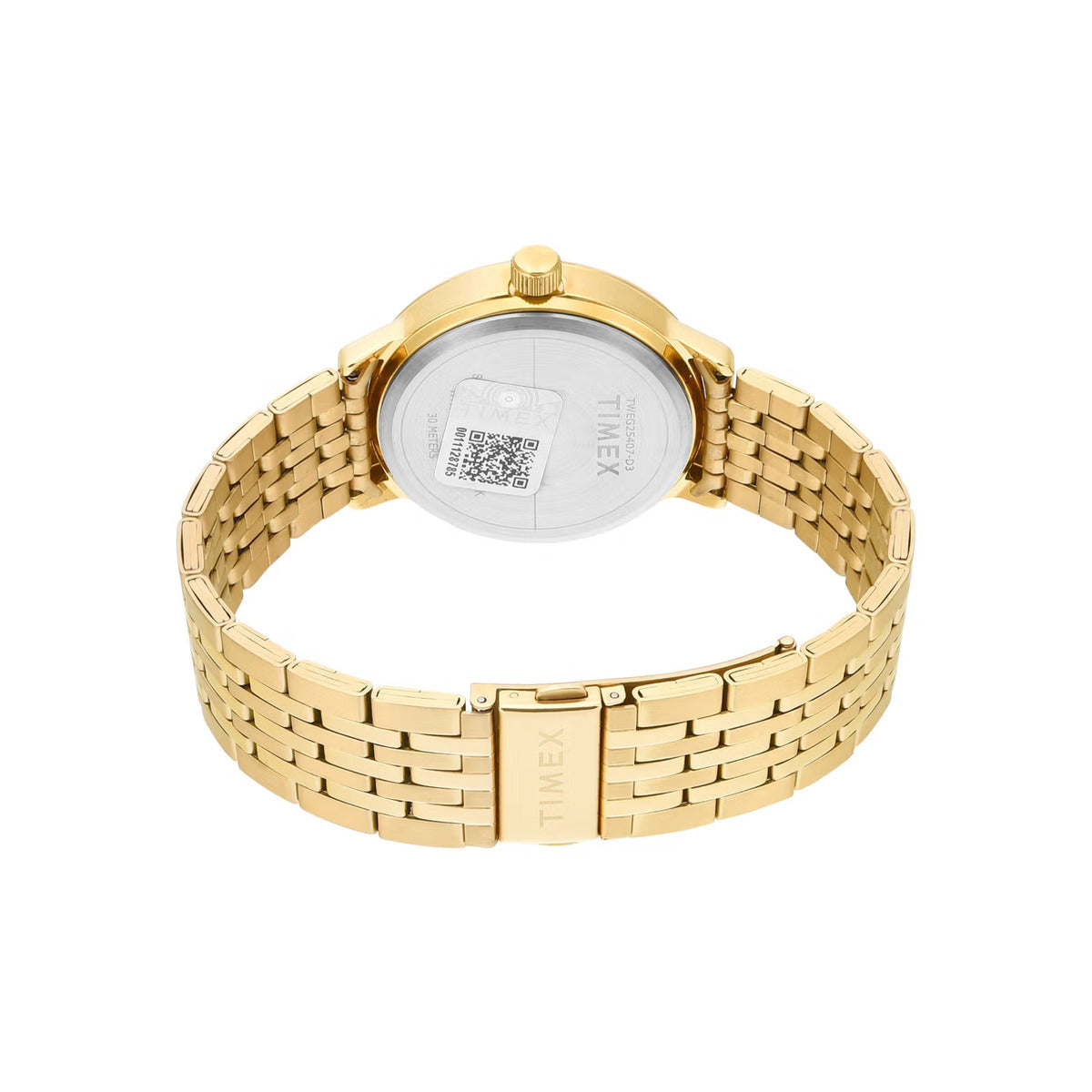 Gold watch with a clear face on a white background