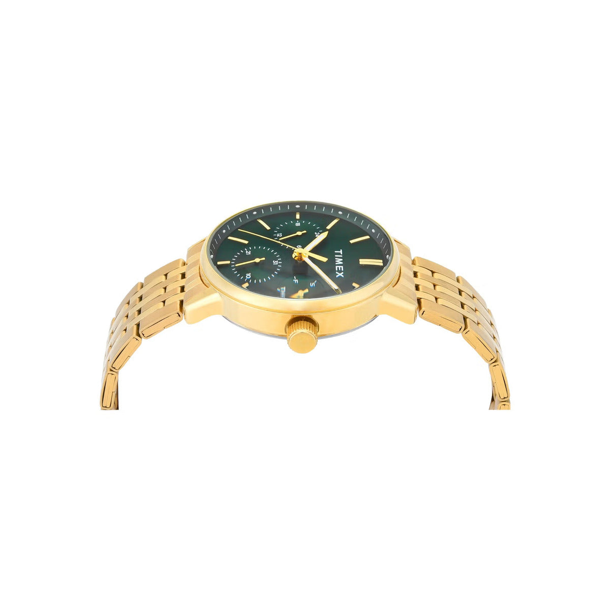 Gold watch with a green dial on a white background