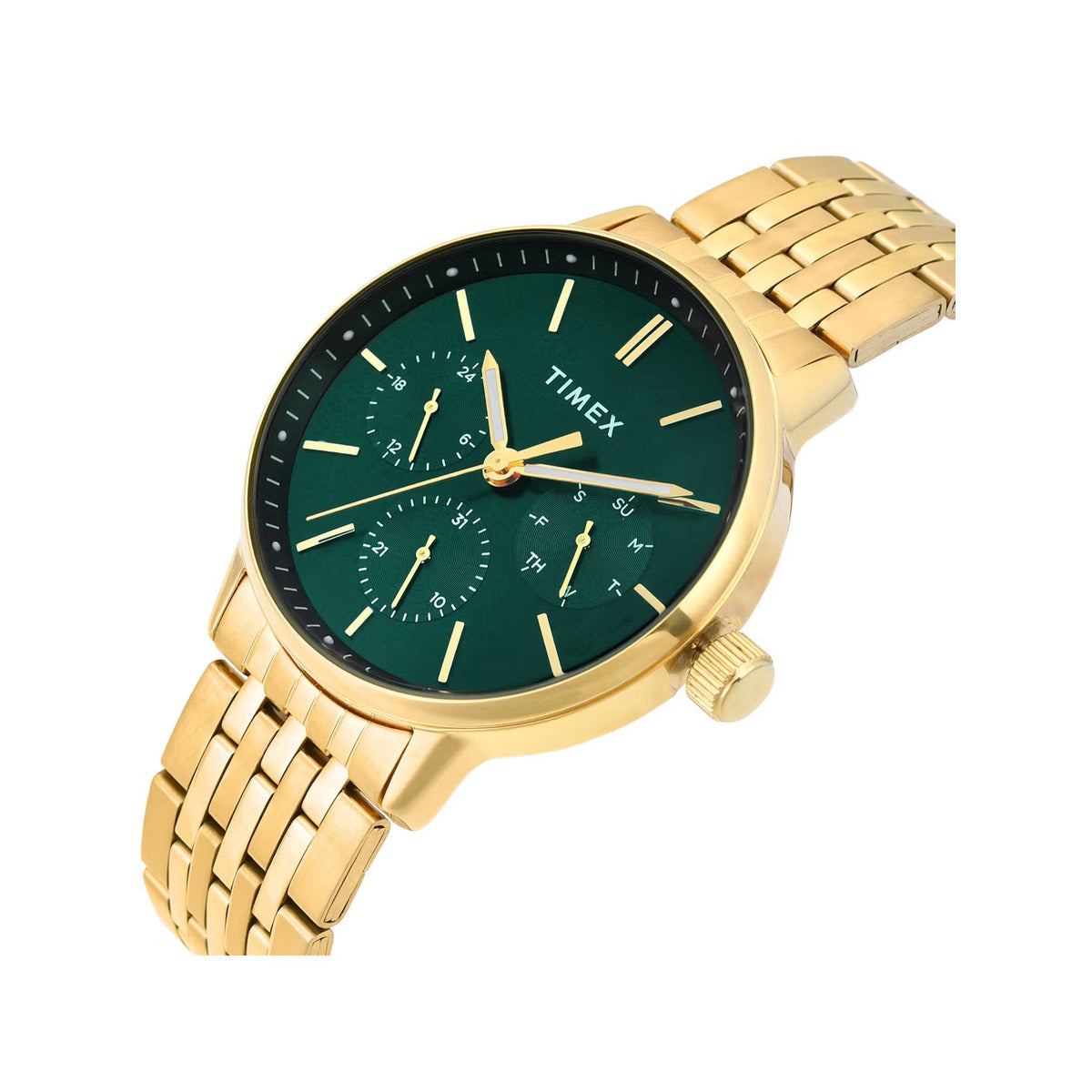 Gold Timex watch with a green face on a white background