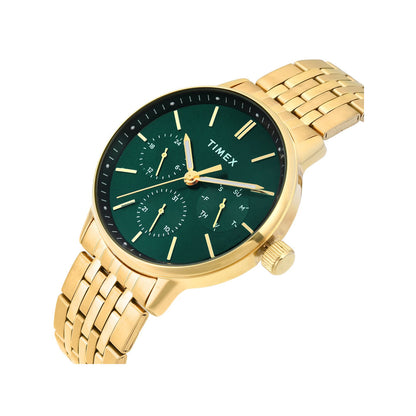 Gold Timex watch with a green face on a white background