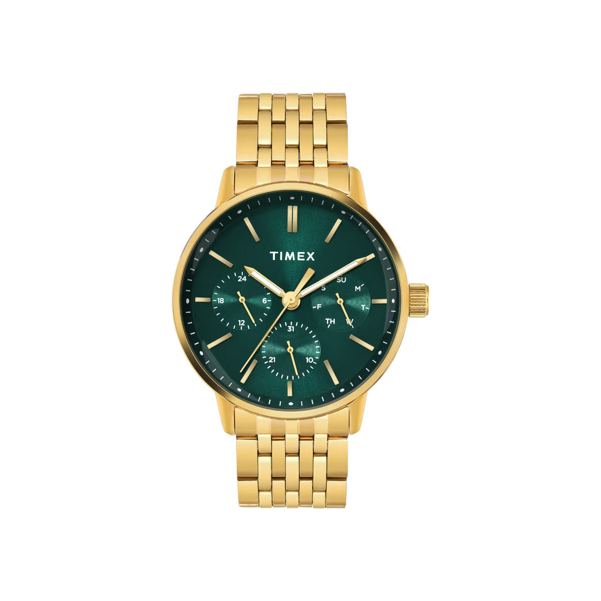Gold Timex watch with a green face on a white background