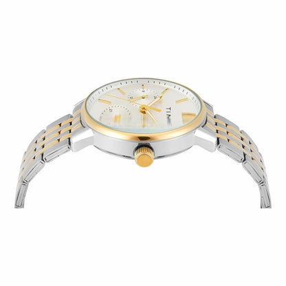 Two-tone watch with silver and gold straps on a white background
