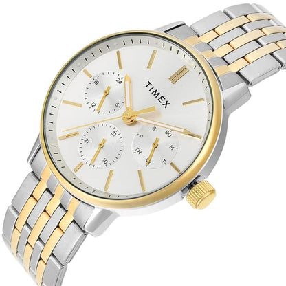 Timex watch with two-tone metal strap on a white background