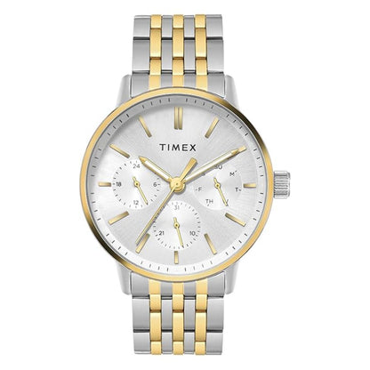 Timex watch with two-tone metal strap on a white background