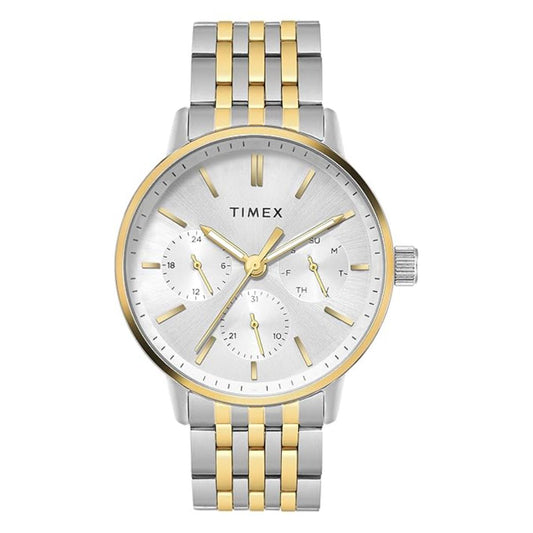 Timex watch with two-tone metal strap on a white background