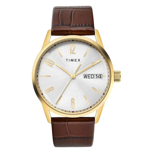 Timex watch with brown leather strap and gold casing on a white background