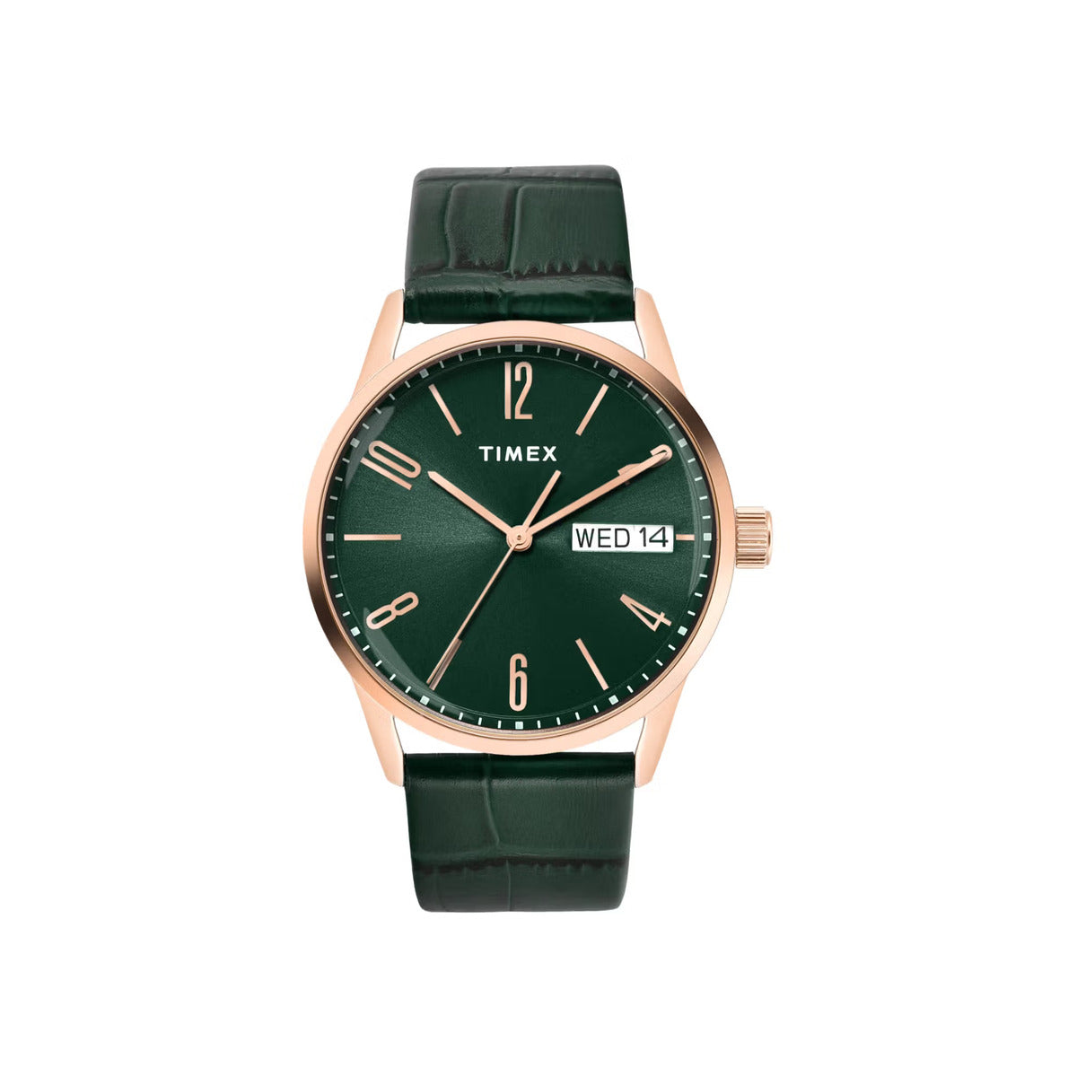 Timex watch with green face and leather strap on a white background