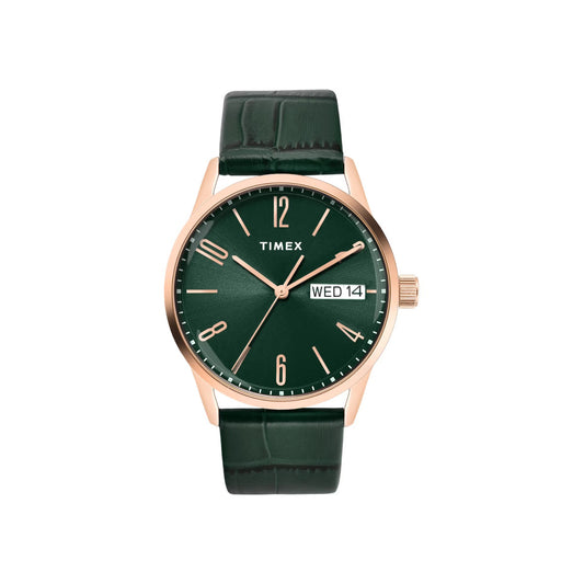 Timex watch with green face and leather strap on a white background