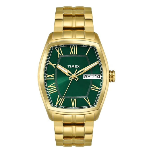 Gold Timex watch with green face on a white background