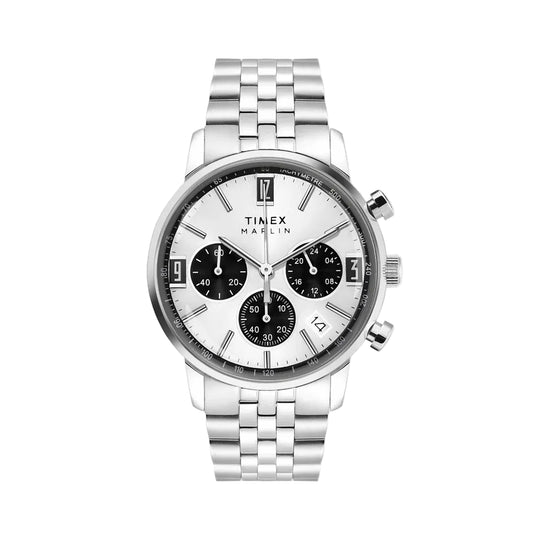Silver Timex watch with a white face on a light gray background